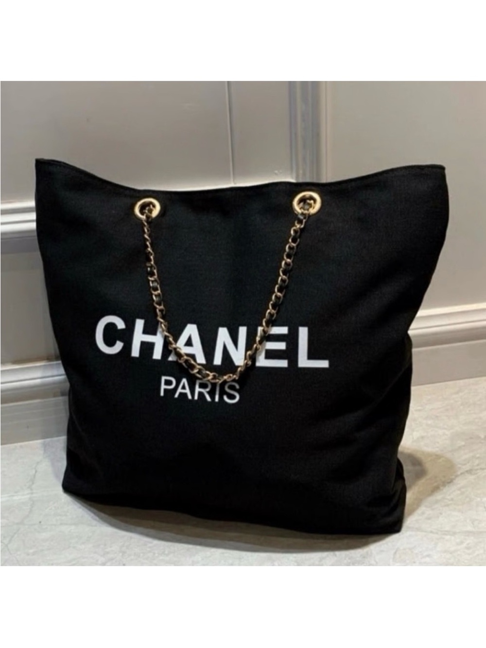 CC Beauty Black Canvas Tote with Gold and Black Shoulder Straps